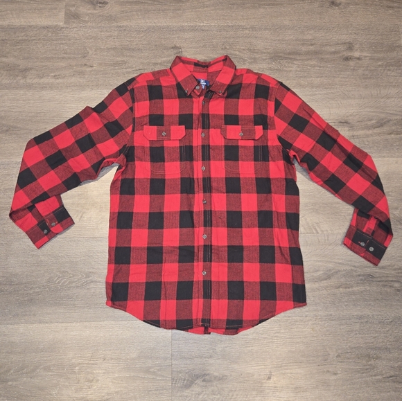 George Men's Long Sleeve Button Up Plaid Red and Black Flannel Shirt - Picture 1 of 7